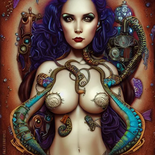 Prompt: Steampunk Lovecraft Lovecraftian mermaid portrait, Pixar style, by Tristan Eaton Stanley Artgerm and Tom Bagshaw.