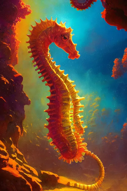 Image similar to highly detailed portrait of rainbow seahorse, stephen bliss, unreal engine, fantasy art by greg rutkowski, rhads, ferdinand knab, makoto shinkai and lois van baarle, ilya kuvshinov, rossdraws, tom bagshaw, global illumination, radiant light, yellow blue theme, coral reef