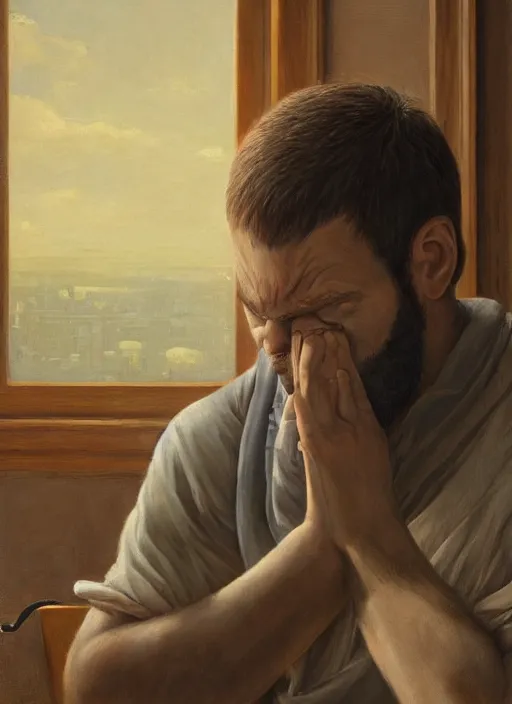 Image similar to insanely detailed portrait of a sleepy - looking programmer guy begging for forgiveness in front of his ultrawide monitor, oil on canvas, masterwork, fine detail, trending on artstation, emotive, insanely compelling, ryden, koons, moebius