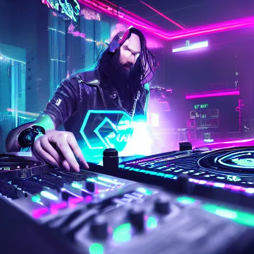 Prompt: electronic dj, dj performing live streaming to online, focus on dj turntables, cyberpunk 2 0 7 7, cyberpunk, photorealistic, ultra detailed, neon, octane, bokeh, cinematic lighting, cyber, cyberpunk city, headphones, studio quality, feature, scars, cyberface, 8 k