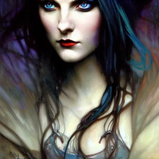 Prompt: dark goth queen with blue eyes, by jeremy mann and alphonse mucha, fantasy art, photo realistic, dynamic lighting, artstation, poster, volumetric lighting, very detailed faces, blue eyes, 4 k, award winning dark, goth, queen, dark fantasy, hyperrealistic portrait, art of elysium, full figure, very detailed face,