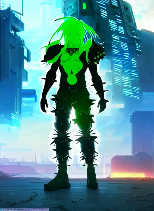 Prompt: a striking cinematic anime full body portrait of a male warrior with long blonde hair and blue eyes wearing evil green spiked cyberpunk armour and standing in the desolate burning ruins of a futuristic city by hirohiko araki and beeple, fine details, digital art, character concept art, volumetric lighting, cinematic light