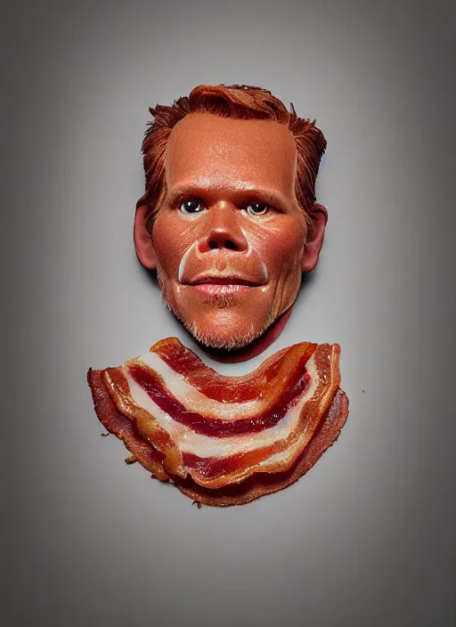 Image similar to bacon in the shape of a human face, human face made out of bacon, kevin bacon made out of bacon, professional food photography, unreal engine