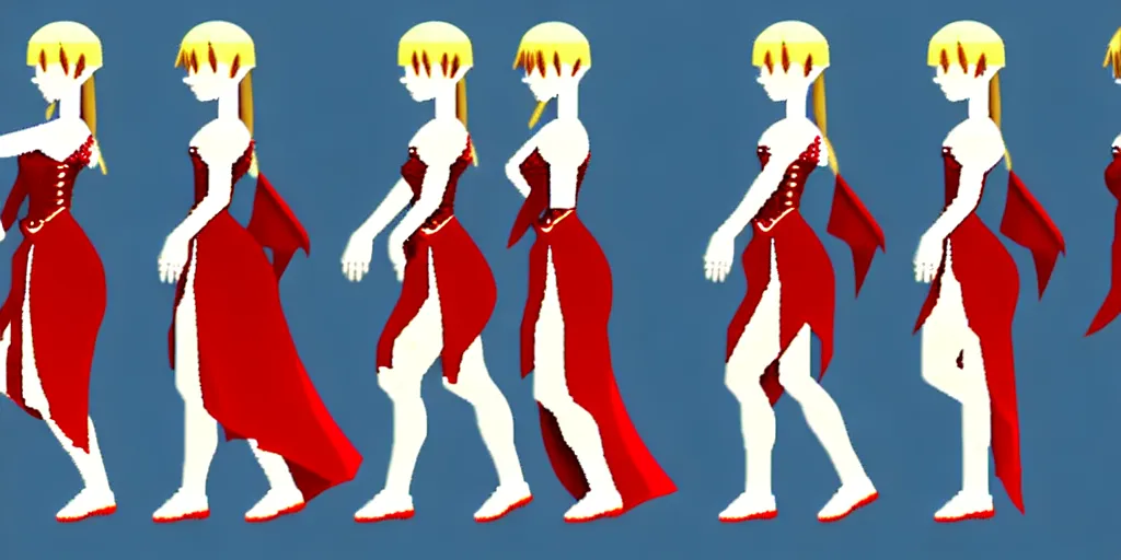 Image similar to walking cycle sprite sheet of a girl in a renaissance dress, walking to the right, each sprite is a different frame of the animation, in the style of final fantasy games, side view of her taking steps, accurate walk cycle, walk cycle, walk cycle, red and white dress