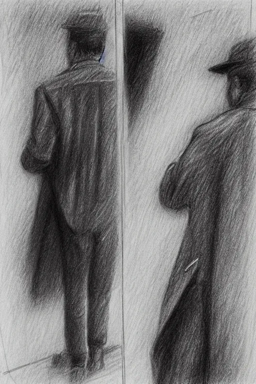 Image similar to a man in a jacket with his back to the camera standing in the rain. pencil sketch.