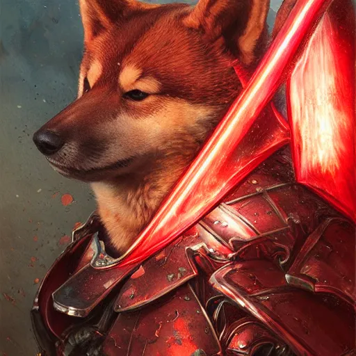 Prompt: anthropomorphic shiba inu, berserk anime guts armor and sword, red light aura, fantasy, red light, dark, portrait art by donato giancola and greg rutkowski, realistic face, visible holy red aura, digital art, trending on artstation, symmetry