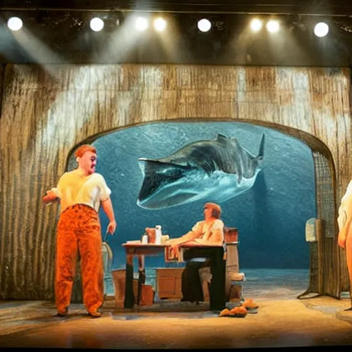 Prompt: award winning Production photo of Jaws the musical on broadway, dancing, singing, costumes by Julie Taymor, set design by Julie Taymor