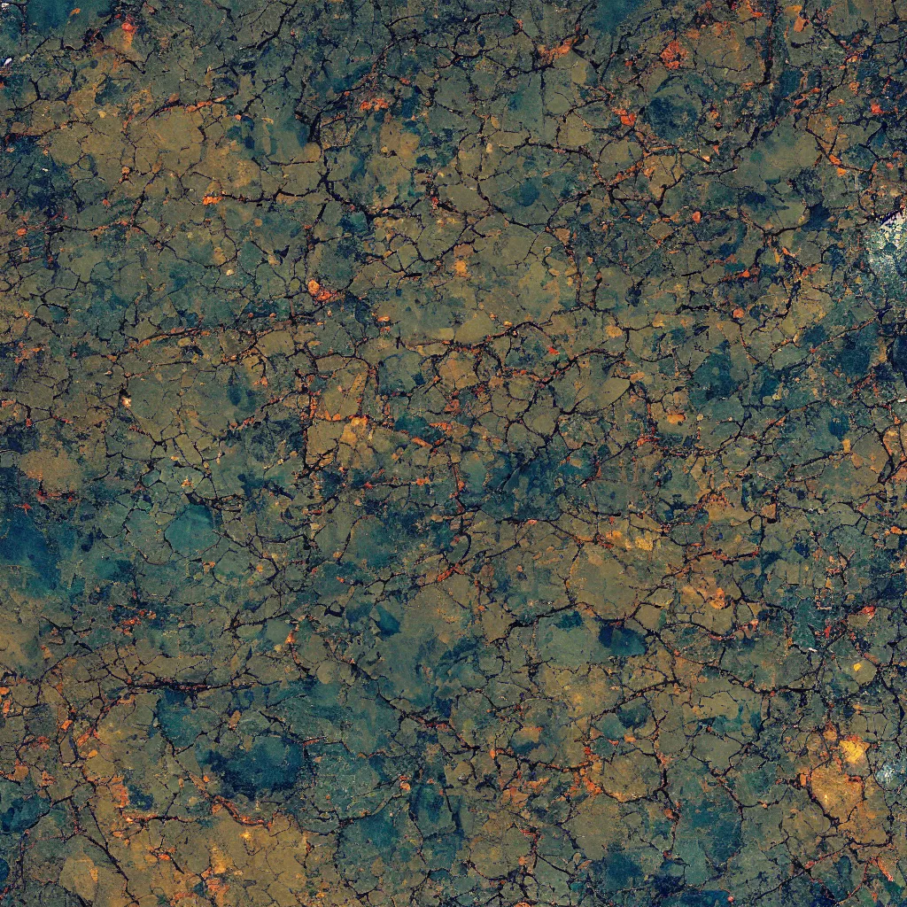 Prompt: A photograph shot from Landsat and Sentinel satellites of an extremely ornated, cyberpunk, highly textured and detailed landscape seen from an high precision lens where the remains of an hightech civilization are visible and full of colours, rivers and cracks of gold and azure stones with an extremely varied color palette, very detailed, 8K, photorealistic, high detail, 3D, Unreal Engine 5, photorealistic lightning and shadows