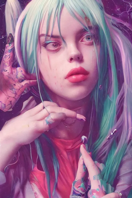 Prompt: billie eilish portrait of a vaporwave girl in a cluttered 9 0 s bedroom, by artgerm, tom bagshaw, gerald brom, vaporwave!, vaporwave colors!, lo fi colors, lo fi, 4 k, hd,