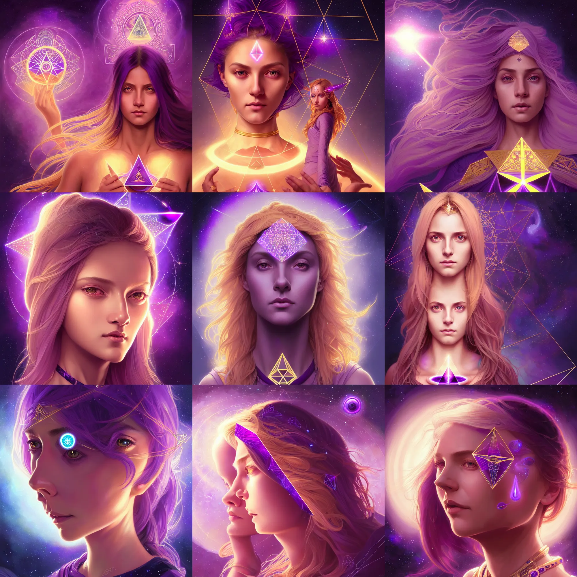 Prompt: portrait of a gallent girl with glowing purple third eye chakra and golden hair, geometric third eye triangle, sci - fi face, sacred geometry mandal background, breathtaking stars, elegant, highly detailed, digital painting, artstation, concept art, smooth, sharp focus, spiritual art, art by artgerm and greg rutkowski and alphonse mucha, psychedelic
