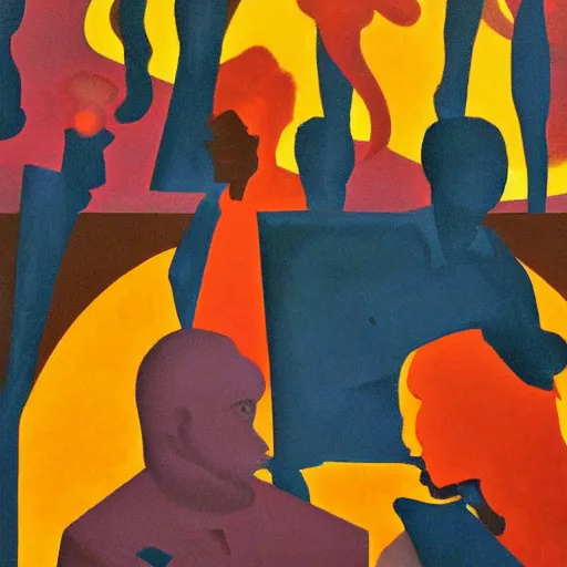 Prompt: bright oil on masonite painting by aaron douglas of a psychedelic conference of scientists / professors / researchers, high detail