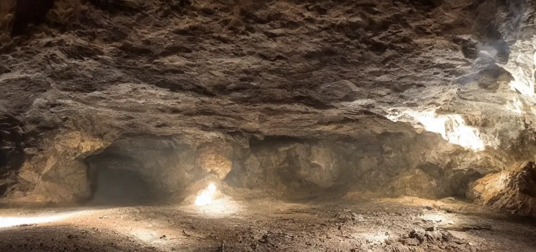 Prompt: underground, large cave, large city, god rays shot from far away