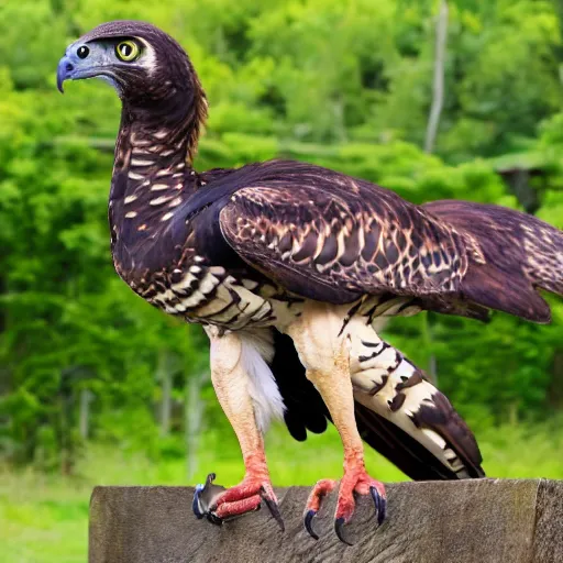 Image similar to hawk morphed with velociraptor, hybrid animal, sharp claws and beak, high quality picture taken in zoo
