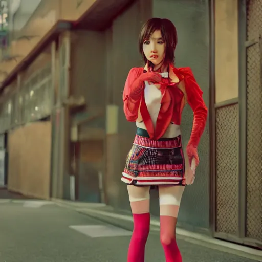 Image similar to a dynamic, epic cinematic 8K HD movie shot of a japanese beautiful cute young J-Pop idol actress yakuza rock star girl wearing shirt, miniskirt, tights, high heels boots, gloves and jewelry. Motion, VFX, Inspirational arthouse, at Behance, with Instagram filters