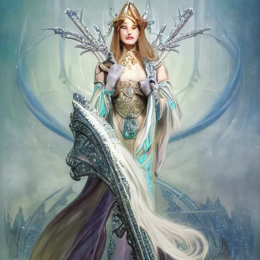 Image similar to an epic concept art of a handsome androgynous snow elf in a turquoise cape and glittering silver ornate armour stringing a bow, albino skin, winter vibes, evocative dramatic mood, intricate, elegant, by tomasz alen kopera and alphonse mucha, sharp focus, octane render, unreal 5, trending on artstation