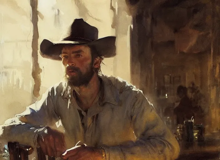 Image similar to oil watercolor painting of young rugged guy in western bar, stubble, long hair, mysterious light, art by anders zorn, wonderful masterpiece by greg rutkowski, beautiful cinematic light, american romanticism by greg manchess, creation by tyler edlin