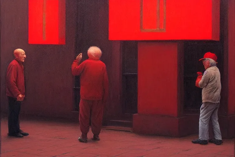 Image similar to only with red, a red old man try to sell a portrait, a crowd cheering, in a city square, in the style of beksinski, parts by edward hopper, parts by rodcenko, parts by yue minjun, intricate and epic composition, red by caravaggio, insanely quality, highly detailed, masterpiece, red light, artstation, 4 k