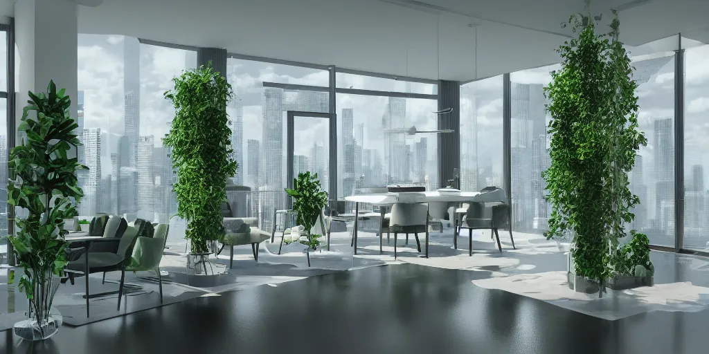 Prompt: skyscraper penthouse, the floor is water, greenery, concept, octane render