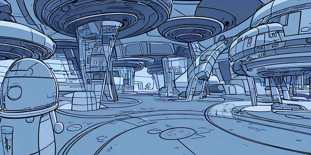 Prompt: futuristic space port in the style of the jetsons cartoon, retro line art, path traced