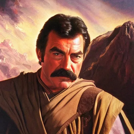 Prompt: ultra realistic portrait painting of tom selleck as anakin skywalker, art by frank frazetta, 4 k, ultra realistic, highly detailed, epic lighting