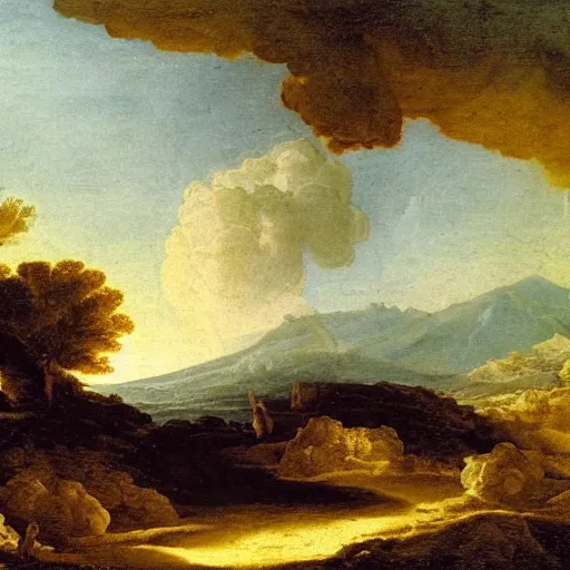 Prompt: an exploding volcano seething, ethereal landscape, claude lorrain pastoral landscape