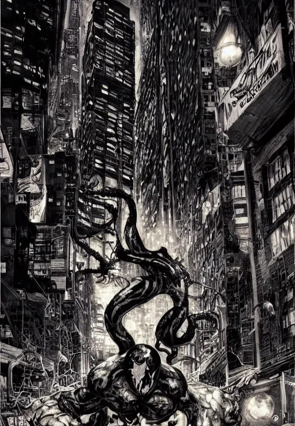 Image similar to venom in a new york alley at night by lee bermejo and simon bisley