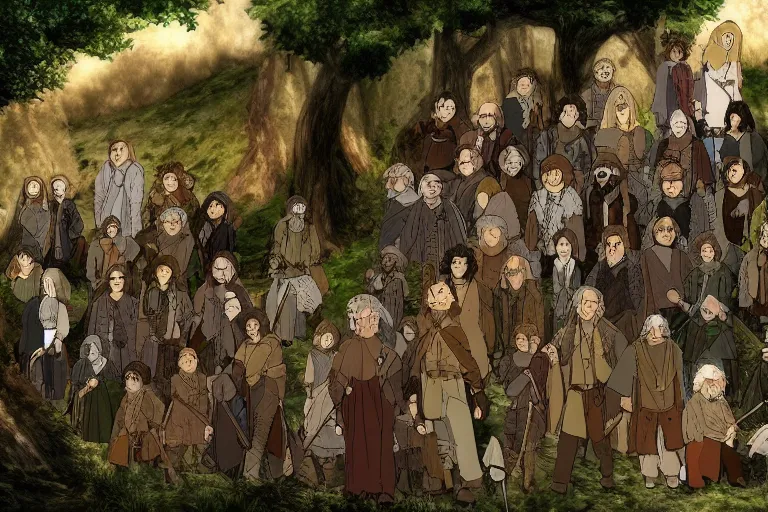 Prompt: tonemapped the fellowship of the ring!! by studio ghibli, highly detailed,