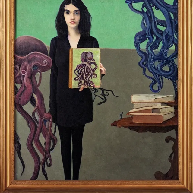 Prompt: tall emo female artist holding an octopus, in a library, books, small portraits, berries, vines, pigs, xylophone, acrylic on canvas, surrealist, by magritte and monet