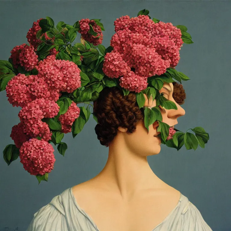 Image similar to portrait of a woman, face hidden by beautiful flower bouquet, by rene magritte, detailed painting, hd, hq, high resolution, high detail, 4 k, 8 k