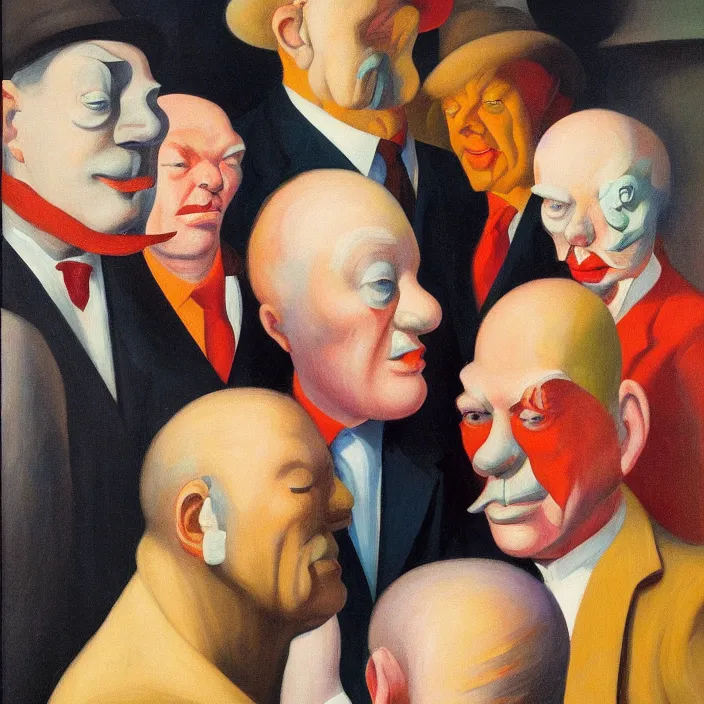 Image similar to group of people pictured in afternoon light, close - up of the faces, anatomically and proportionally correct : : surrealist oil painting by edward hopper, georg grosz, francis bacon and rene magritte, detailed