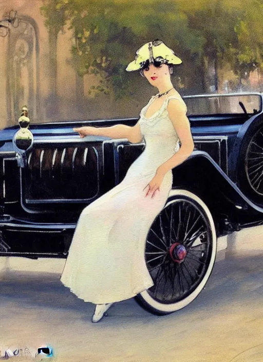 Image similar to a painting of a woman posing in front of a 1920's car by Louis Icart, highly detailed, masterpiece, trending on ArtStation, ultra realistic