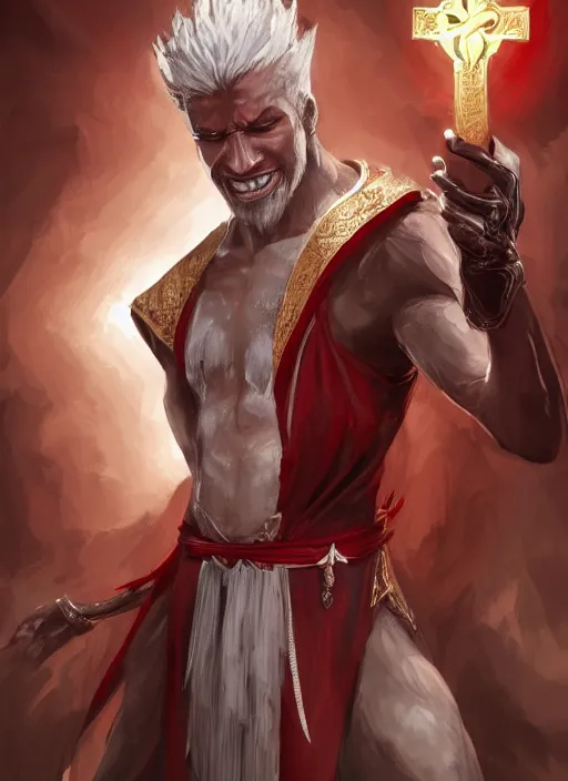 Image similar to a highly detailed illustration of white haired african priest, wearing cross on robe, wielding red blades made of blood, evil standing smiling pose, blood flowing around him background, muscular, intricate, elegant, highly detailed, centered, digital painting, artstation, concept art, smooth, sharp focus, league of legends concept art, WLOP