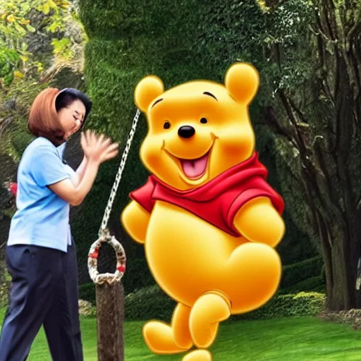 Image similar to winnie the pooh pushing xi jinping on a swing