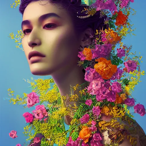 Prompt: colourful vfx art - portrait of arab woman wrapped in flowers & vines, art by hsiao - ron cheng & james jean - presented as magazine collage, volumetric light, colourful, sharp, detailed, digital painting, illustration, illustration, highly detailed, intricate detail, unreal engine, octae render, pinterest, behance, art station,