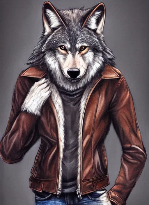 Image similar to award winning beautiful portrait commission of a male furry anthro wolf fursona with a bushy tail and a leather jacket, cute, beautiful, attractive, detailed,