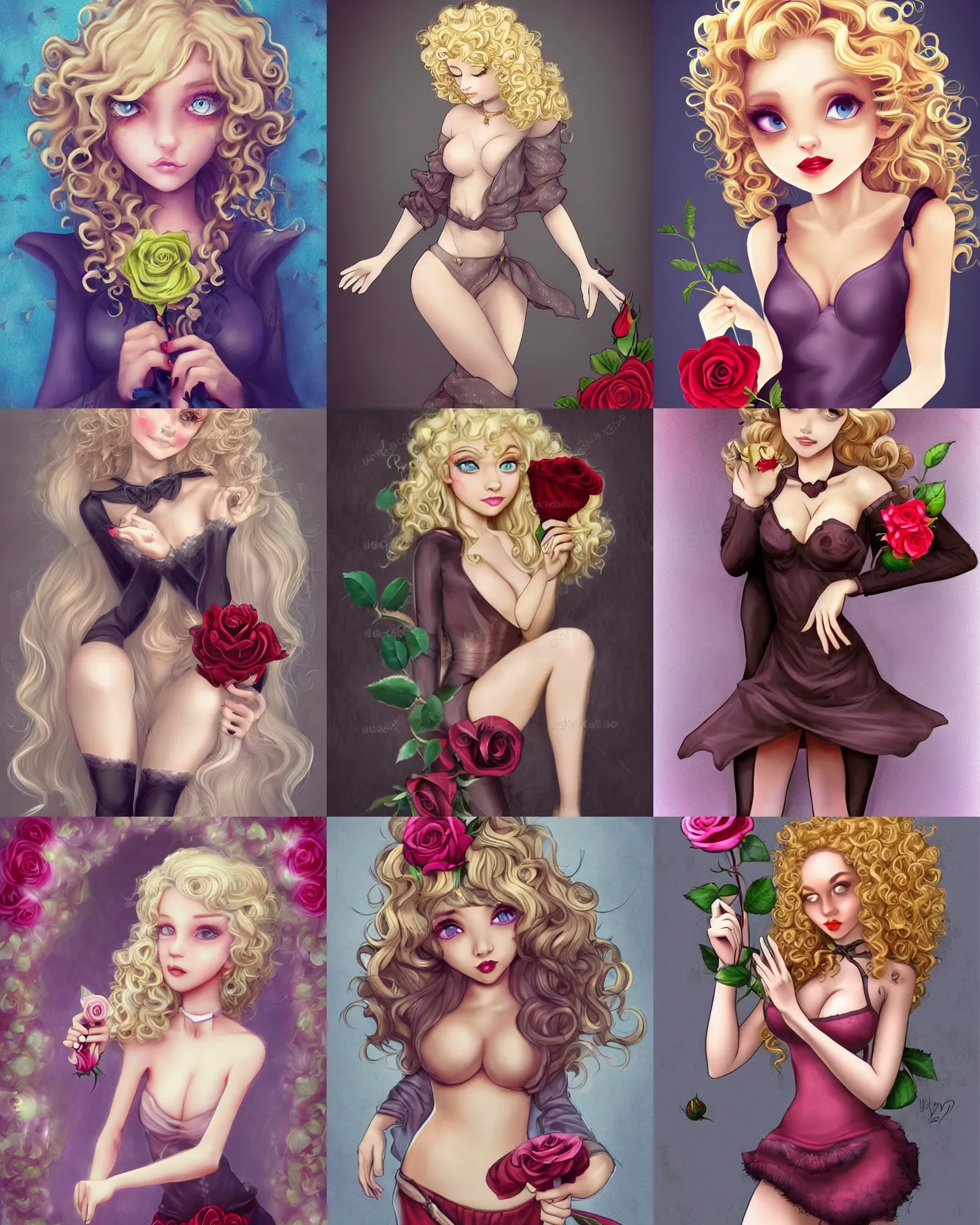 Prompt: beautiful mouse - girl, blonde curly hair, holding a rose, dark fantasy, feminine figure, gorgeous, pretty face, beautiful body, revealing outfit, high detail, tempting, realistic, kezie demessance