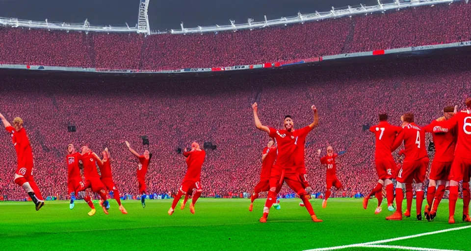 Image similar to soccer goal moments, players, people, football club spartak moscow wins the 2 0 2 4, champions league, final at wembley stadium, soviet realism style, 8 k