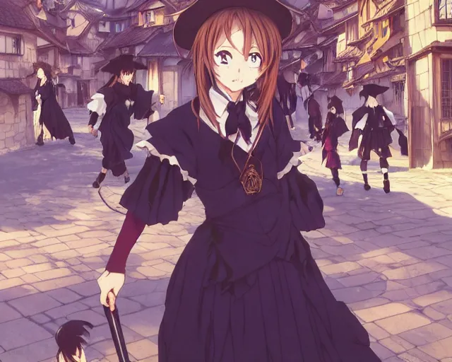 Image similar to kyoani, murata range, key anime visual portrait of a young female witch walking through a busy medieval village, dynamic pose, dynamic perspective, cinematic, dramatic lighting, muted colors, detailed silhouette, textured, anime proportions, alphonse mucha, perfect anime, yoh yoshinari, takashi murakami