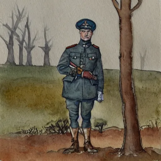 Image similar to a watercolour painting of a rabbit dressed as a ww1 soldier, standing in a muddy field with dead trees in the background