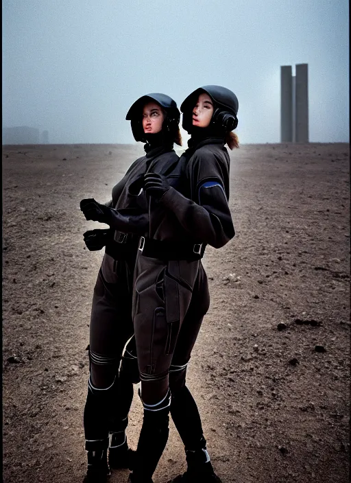 Prompt: cinestill 5 0 d photographic portrait of two loving clones, techwear women on a desolate plain, a brutalist dark metal facility in the background, sandstorm, depth of field, 4 k, 8 k, hd, full color