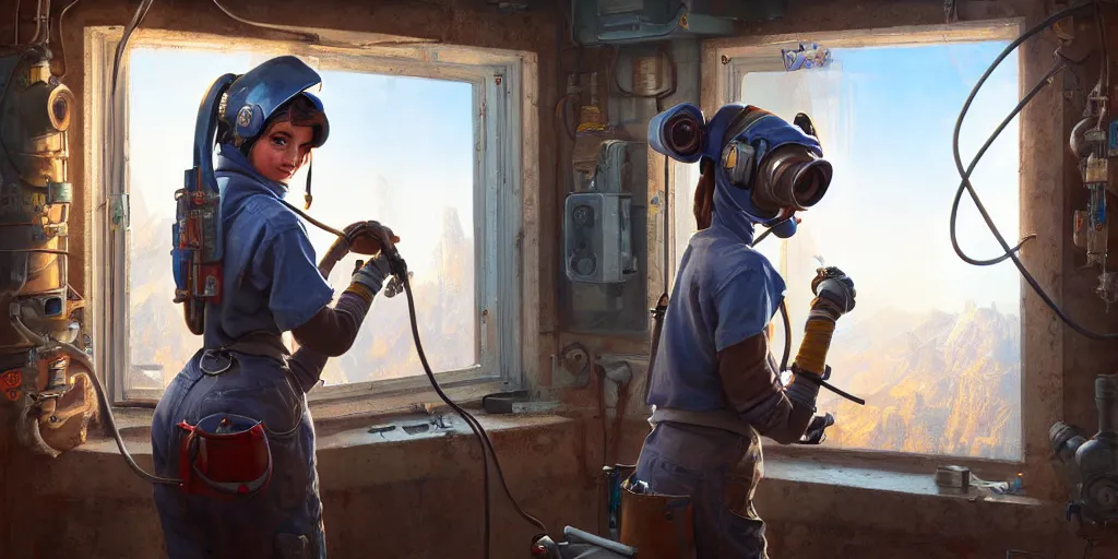 Prompt: highly detailed portrait painting of welder girl, room mono window, by eddie mendoza and tyler edlin, 8 k resolution