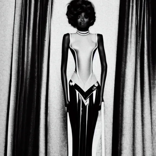 Prompt: Close up of a beautiful black female fashion model with huge hair wearing a black robotic dress, in art-deco black marble hall ,vogue magazine editorial