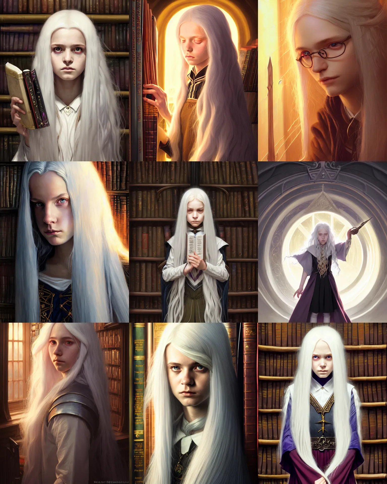 Prompt: Close-up Portrait of young teenage female witch sorcerer, long white hair, D&D fantasy, magic school uniform, standing against a bookshelf in a library, god rays, intricate, highly detailed, digital painting, artstation, concept art, sharp focus, illustration, art by greg rutkowski and ross tran