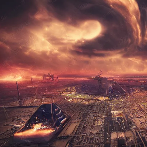 Prompt: apocalyptic futuristic amsterdam with psychedelic clouds in the year 2 1 4 5. 4 k