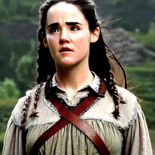 Image similar to first photos of 2 0 2 4 female lotr remake - jennifer connelly as samwise, ( eos 5 ds r, iso 1 0 0, f / 8, 1 / 1 2 5, 8 4 mm, postprocessed, crisp face, facial features )