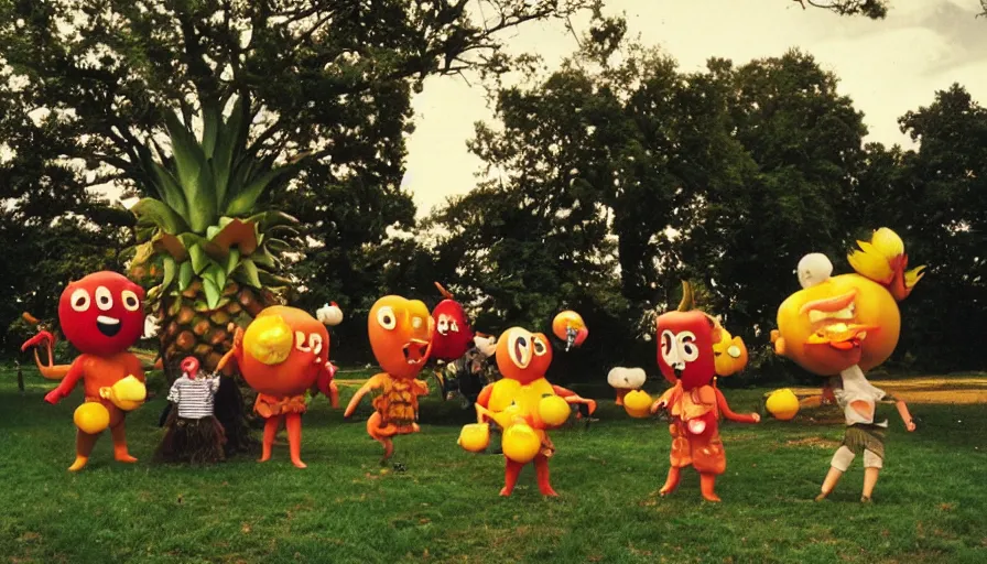 Prompt: 1990s candid photo of a beautiful day at the park, cinematic lighting, cinematic look, golden hour, large personified costumed fruit people in the background, Enormous fruit people mascots with friendly faces, kids talking to fruit people, UHD