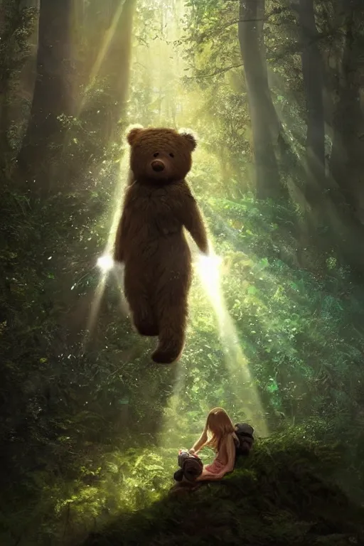 Image similar to mean fluffy teddybear protecting girl in a forest with rays of light coming through the canopy, masterpiece, dystopian, sci-fi, extremely detailed, digital painting, sculpted in zbrush, artstation, concept art, smooth, sharp focus, illustration, chiaroscuro lighting, golden ratio, incredible art, artgerm, greg rutkowski, alphonse mucha, simon stalenhag, carravaggio