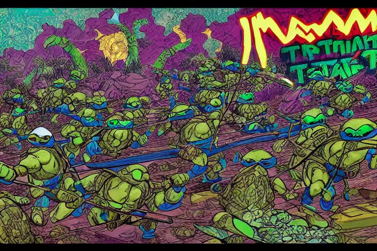 Image similar to caravan of teenage mutant ninja turtles traveling through a psychedelic landscape, in the style of Greg Broadmore and Arthur Rackham and Moebius, trending on artstation, light lighting side view,digital art,surrealism ,macro,blueprint ,vaporwave ,