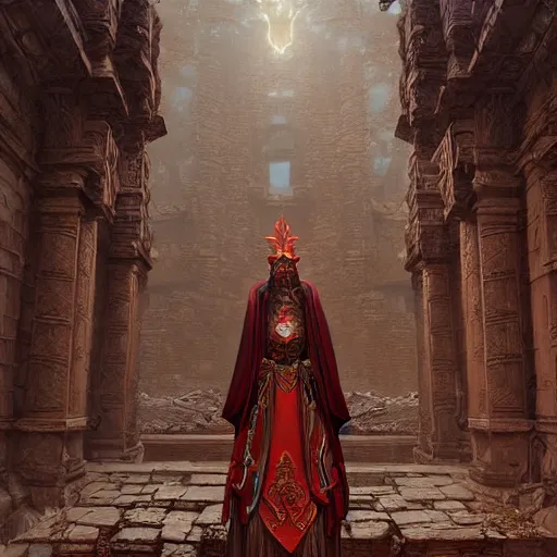 Prompt: alchemist wearing an ornate bronze headdress and red robes standing in a sandstone ruin intricate artwork by Tooth Wu and wlop and beeple and Dan Mumford. Octane render, trending on artstation, greg rutkowski very coherent symmetrical artwork. Cynematic, hyper realism, high detail 8k