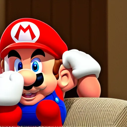 Prompt: Buff Mario sitting on a chair, with a serious facial expressions